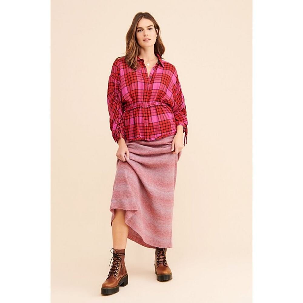 Free People Pacific Dawn Drawstring Plaid Shirt in Red/Pink Size S
